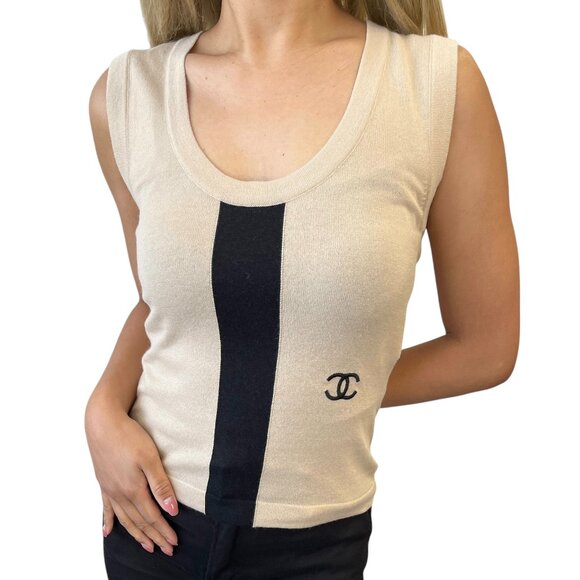 CHANEL Vintage 03P CC Mark Logo Knit Tank Top #42 Beige Black Cotton [105717] - Picture 1 of 10